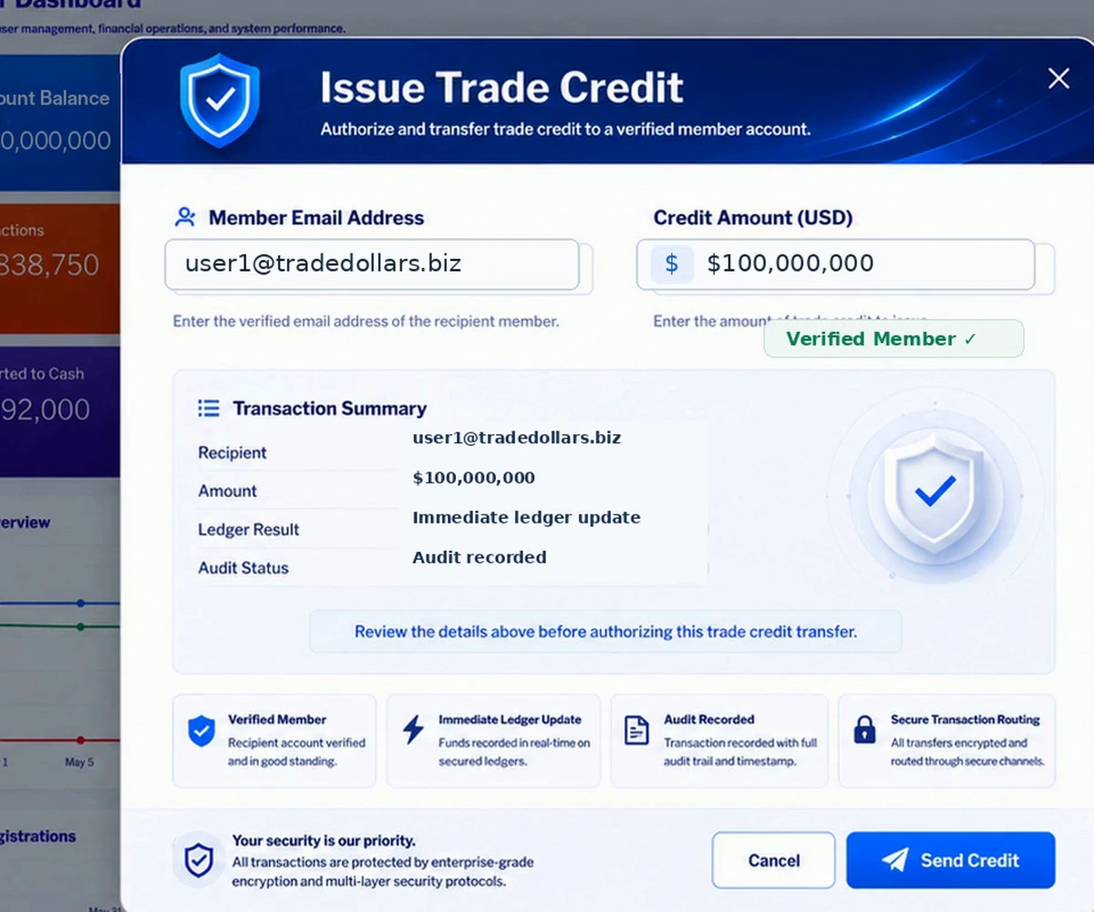 Actual Issue Trade Credit dialog from the Trade Exchange platform video