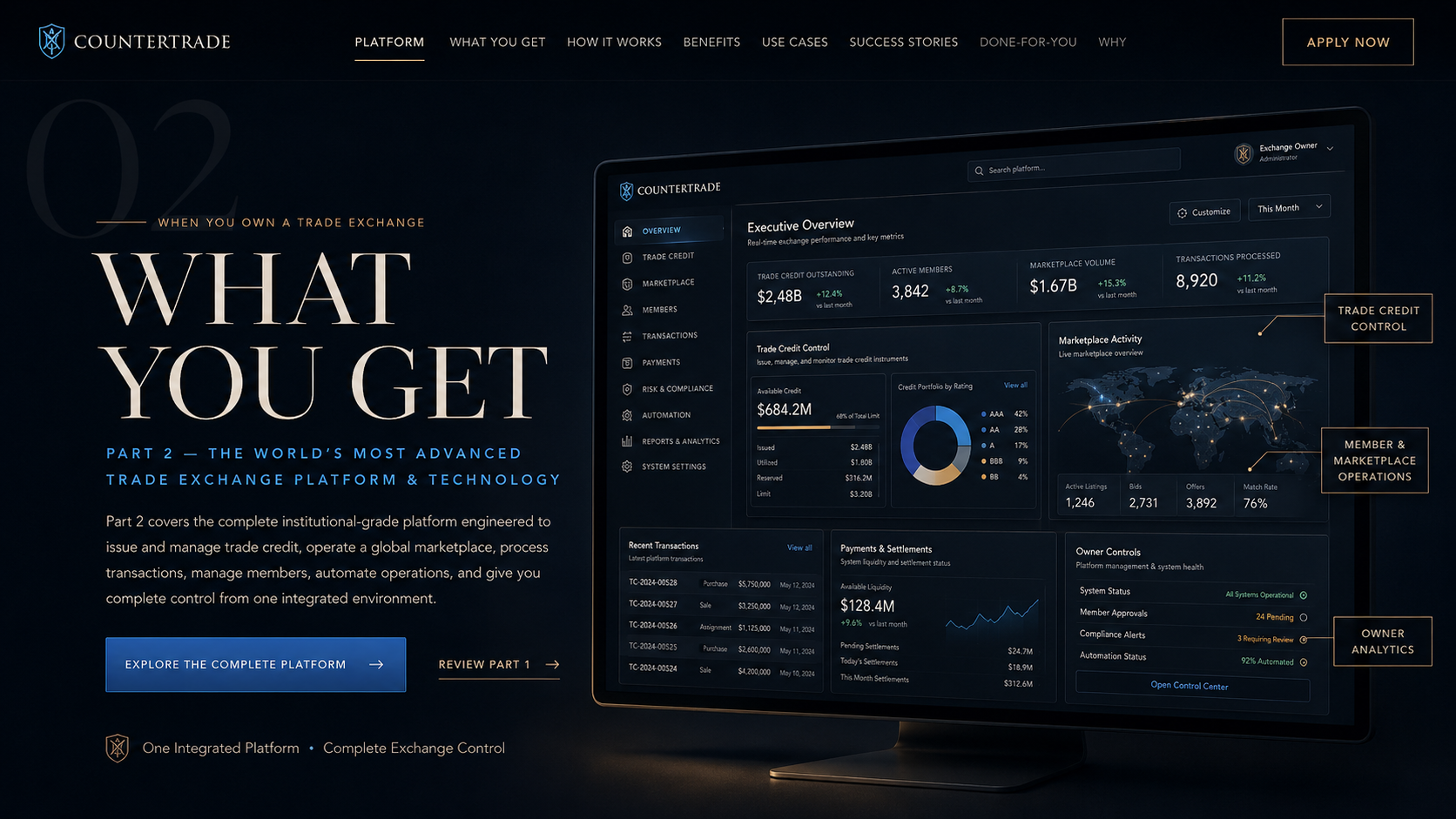 Premium Trade Exchange platform dashboard and owner-control environment